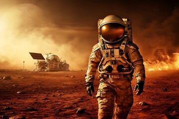 Martian explorer walks amidst fiery landscape.