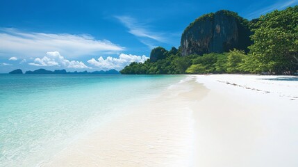 Obraz premium Scenic white sand beach with crystal clear turquoise water and gentle waves in southern thailand, peaceful tropical coastline with lush greenery and serene ocean horizon 
