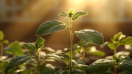 Close-Up of a Young Houseplant with Tender New Leaves Illuminated