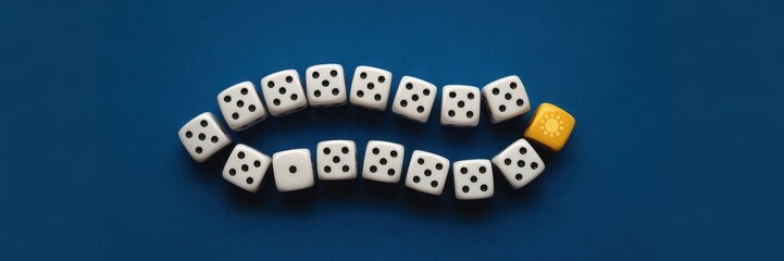 A collection of dice arranged in a curve with one distinct yellow die.