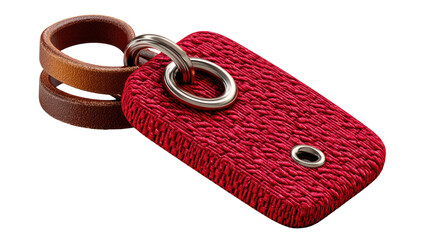 Red Key Chain with Leather Loop: An up-close shot of a stylish key chain with a vibrant red fabric base, accented by sleek silver rings and a touch of leather.