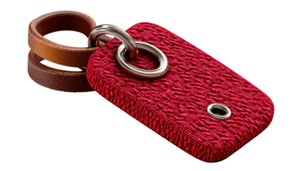 Red Key Chain with Leather Loop: An up-close shot of a stylish key chain with a vibrant red fabric base, accented by sleek silver rings and a touch of leather.