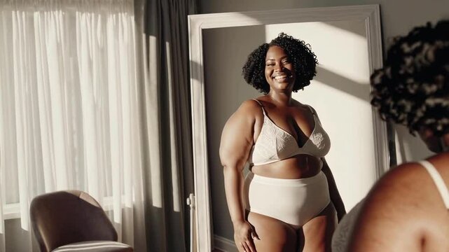 Confident Curvy Woman Smiling in Lingerie &ndash; Body Positivity, Self-Love, and Empowerment