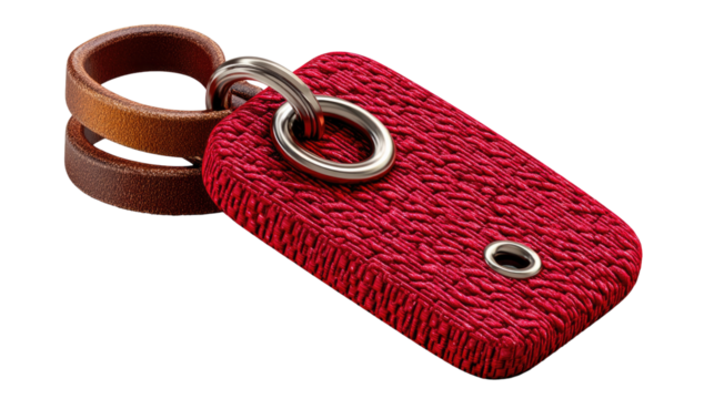 Red Key Chain with Leather Loop: An up-close shot of a stylish key chain with a vibrant red fabric base, accented by sleek silver rings and a touch of leather.