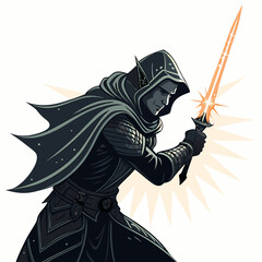 Obraz premium Create a bold, vector illustration of a dark elf assassin, emphasizing sharp features and dark clothing. Include a weapon.