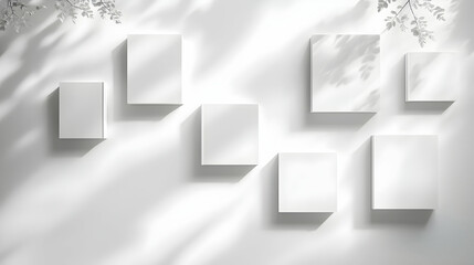 White Square Mockups on a White Wall with Leaf Shadows