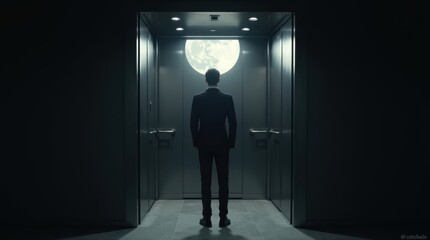 Obraz premium Elevator moment business suit encounter in a modern office environment captured from behind reflecting ambition