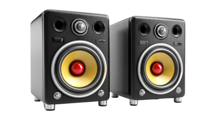 Modern Stereo Audio Speakers: A pair of modern black stereo speakers with yellow and red details, designed for delivering high-fidelity audio, sit ready to provide an immersive listening experience.