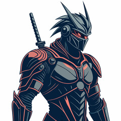 Design a bold, vector illustration of a futuristic cyberpunk character, emphasizing strong lines and vibrant colors.  Focus on a powerful, dynamic pose.