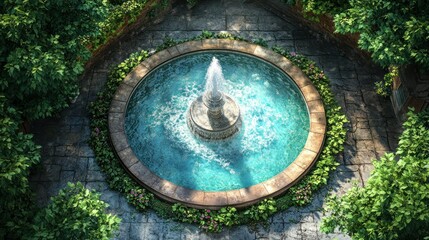 Fototapeta premium Scenic circular fountain in a lush garden courtyard
