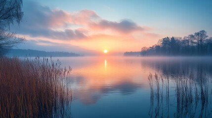 Tranquil sunrise reflecting in the calm waters of a misty lake, with reeds in the foreground and silhouetted trees, creating a peaceful landscape