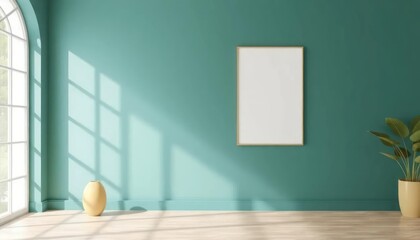 Teal room with a blank canvas