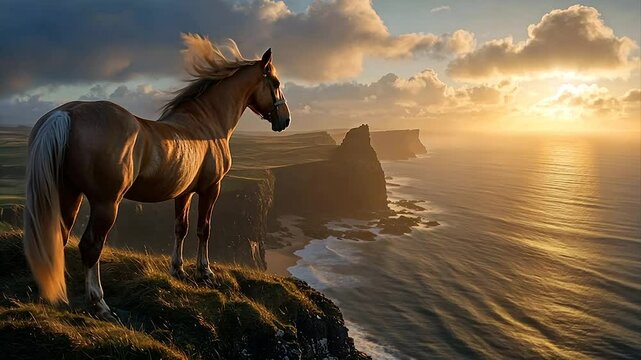 Majestic horse on cliff overlooking golden sunset over ocean