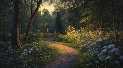 Serene evening cottage path illuminated by soft light gentle breeze summer flowers forest scene art