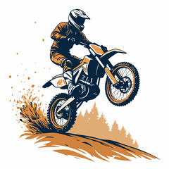 Design a bold, vector illustration of a motocross bike soaring mid-air during a jump, emphasizing powerful lines and strong strokes.