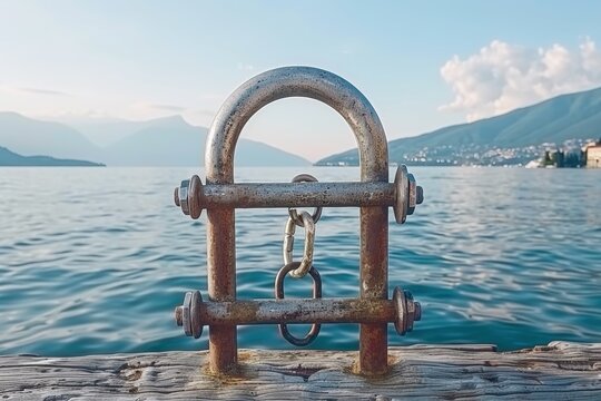 A metallic anchor point with a chain stands prominently against a serene lake and mountainous backdrop, reflecting calmness and tranquility.
