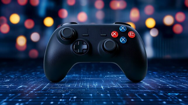 Black gamepad on circuit board with bokeh background. Ready for the game to begin