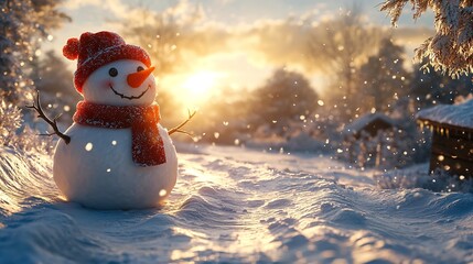 Obraz premium Still life with Santa Claus hat, pine cone and fir branches on snow covered surface inside a winter forest with spruce and fir trees and sunset in the background.