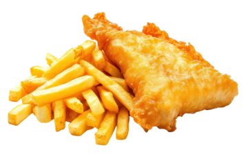 Golden fries and crispy fish served together in a traditional meal over bright white background
