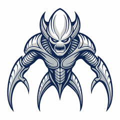 Create a vector illustration of a bold, stylized alien fighter jet with thick black strokes.  Include detailed weaponry and futuristic design elements.