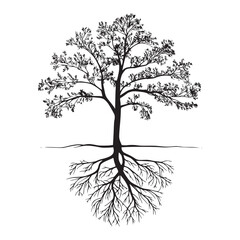 A minimalist yet detailed silhouette of a tree with visible roots 