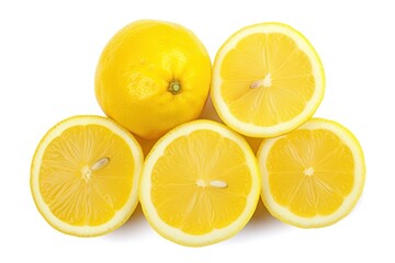 Group of lemons with cut sections arranged to showcase the rich yellow color and fresh pulp texture Isolated on white background