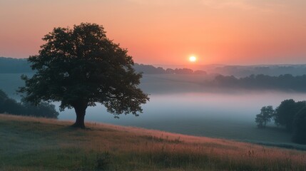 Fototapeta premium Serene Sunrise over Misty Landscape with Silhouetted Tree in Golden Light