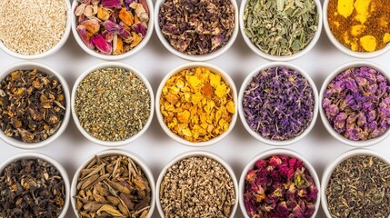 Assorted dried herbs and spices in small white bowls (2)