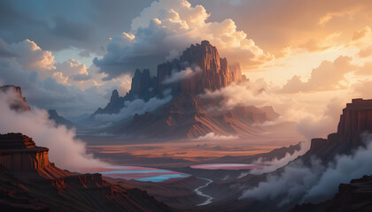 Sunset Majesty: Cloud-Shrouded Peaks and Serpentine Valley