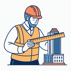Create a bold vector illustration of an architect meticulously measuring a building blueprint, emphasizing strong lines and sharp details.