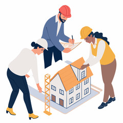 Create a bold vector illustration depicting an architect team collaborating; emphasize strong lines and shapes.