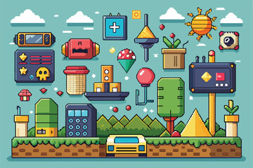 Naklejka premium A vibrant collection of retro pixel art elements perfect for designing video game worlds, featuring trees, icons, and fun interactive items.