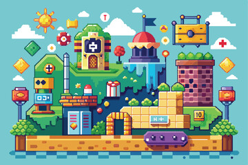 Vibrant pixel art landscape depicting a retro video game level, featuring platforms, coins, and animated elements, evoking nostalgia and playful creativity in a virtual world.