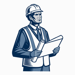 Create a bold vector illustration of an architect wearing a safety helmet, emphasizing strong lines and a vibrant color palette.