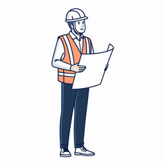 Create a bold vector illustration of an architect wearing a safety helmet, emphasizing strong lines and a minimalist style.