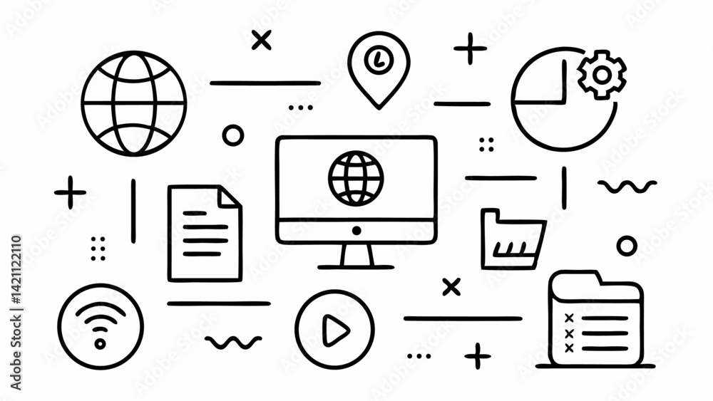 Poster line style web interface icon set featuring editable vector illustrations suitable for websites, dig