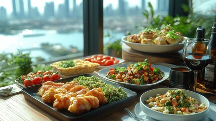 Fototapeta premium A vibrant spread of gourmet dishes on a wooden table with a city skyline in the background