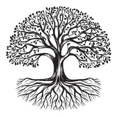 A black and white vector illustration of a tree with intricate branches and roots 