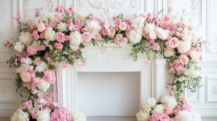 White fireplace adorned with a lush arrangement of pink and white roses, hydrangeas, and orchids.