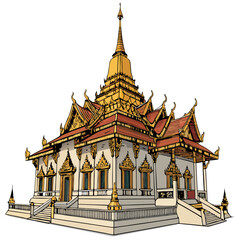 Fototapeta premium Create a bold vector illustration of a Thai Vihara (temple) with intricate details, featuring a strong black stroke style. Emphasis on architectural lines.