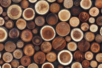 A close-up view of wooden tree rings, showcasing various sizes and textures of cut logs arranged closely together.