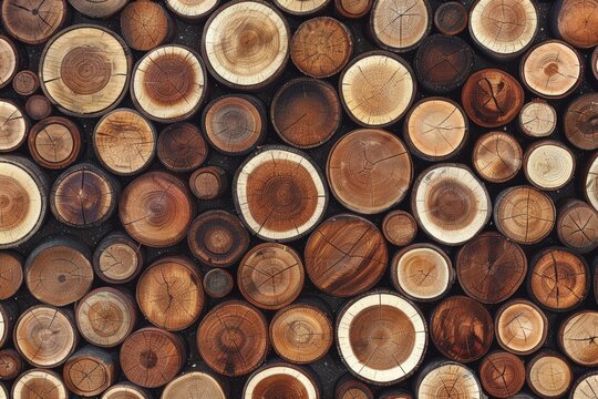 A close-up view of wooden tree rings, showcasing various sizes and textures of cut logs arranged closely together.