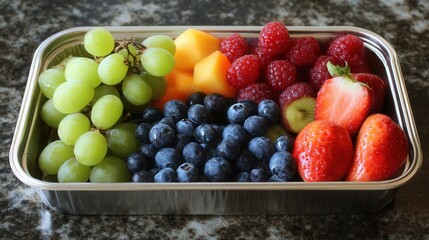 Assorted fresh fruit platter in a foil container