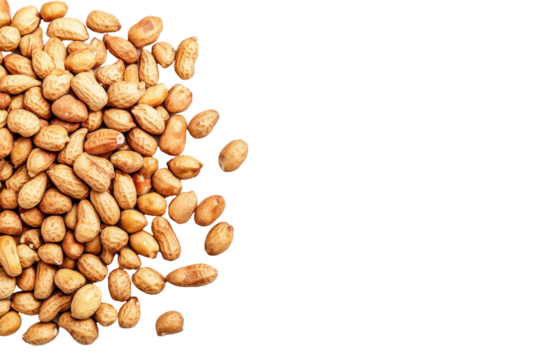 Flat lay view of roasted peeled peanuts arranged neatly on a clean white background for snacking
