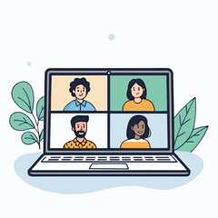 Create a bold vector illustration depicting a virtual meeting;  emphasize strong outlines and vibrant colors for a modern feel.