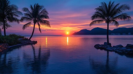 Obraz premium Serene Tropical Sunset with Palm Trees Reflecting in Calm Waters, Ethereal Color Palette, Tranquil Ambiance Creating a Relaxing Coastal Scene