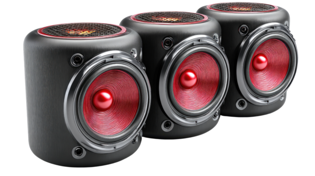 Vibrant Sound Cubes: A captivating trio of sleek, modern sound cubes, boasting a striking red speaker and bold circular design, ready to immerse the viewer in an unparalleled auditory experience.