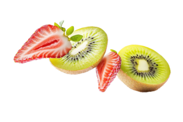 Colorful floating sliced mixed fruits including tropical varieties captured on white background for visual appeal