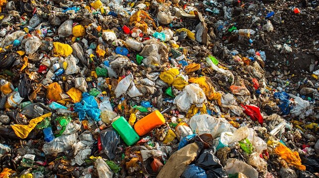 Environmental pollution plastic waste landfill garbage dump site pile junk soil trash toxic image