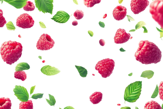 Floating raspberries and leaves captured in crisp detail against a clean white background for vibrant display